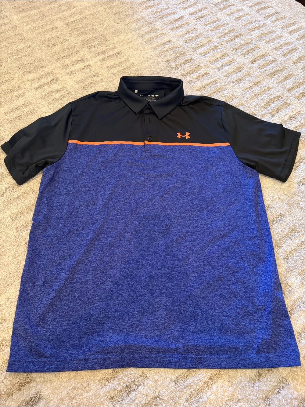 Under Armour Men’s Black & Blue Polo with Orange Stripe Size XL